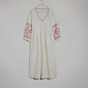 Madewell Cream Midi Dress with Rust Embroidered Sleeves